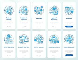 Information technology staffing blue onboarding mobile app screens set. Walkthrough 5 steps editable graphic instruction with linear concepts. UI, UX, GUI template vector