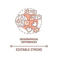 Geographical differences red concept icon. IT staffing service disadvantage abstract idea thin line illustration. Isolated outline drawing. Editable stroke vector