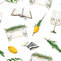 Watercolor Sukkot seamless pattern with decorated sukkah, waving the Lulav, Etrog, tallit and menorah for traditional Jewish holiday png