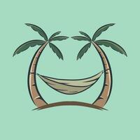 Vector illustration of a hammock tied to two coconut trees in the beach area