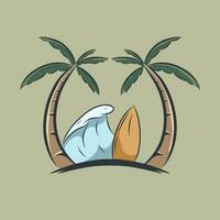 Illustration of tropical island with coconut trees and waves and surfboard vector