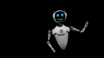 blanco volador robot con sonriente cara ondulación sus brazo mientras flotante en contra negro antecedentes. 3d animación video