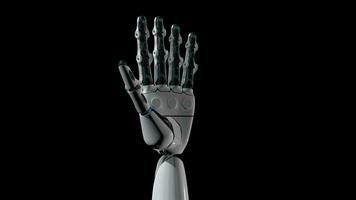 schließen oben von Mensch geformt Roboter Hand ziehen um Finger auf schwarz Hintergrund während Kamera dreht sich 360 Grad. Schleife Reihenfolge. 3d Animation video