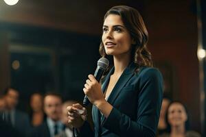 retrato de un hermosa joven mujer en un negocio traje Hablando dentro un micrófono. confidente mujer de negocios entregando un corporativo presentación a un seminario o conferencia, ai generado foto