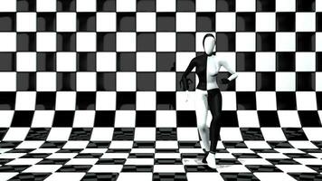 Woman in a black and white cloth costume dancing on a stage made of black and white reflective squares. Loop sequence. 3D Animation video