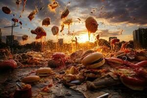 Hamburger with flying ingredients on the background of the city. grotesque scene of food getting tossed around in an urban environment, AI Generated photo