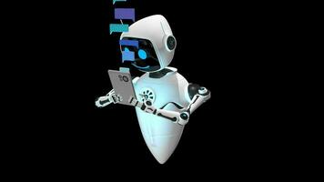 blanco volador robot con un sonriente cara mecanografía en su teléfono inteligente mientras mensaje globos ven fuera de el teléfono. lazo secuencia. 3d animación video