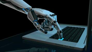 Close-up of white human shaped robot hand pressing a key of an aluminum laptop with blue light on reflective dark blue desk against black background. 3D Animation video