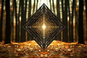 3d illustration of abstract geometric shape in the forest with golden leaves, A striking abstract geometric pattern composed of intersecting lines, AI Generated photo