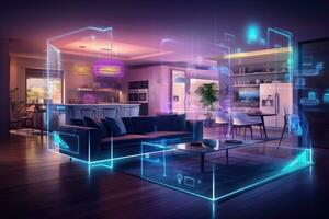 3d rendering of modern bright interiors living room computer generated image, A smart home interior connected with an internet connection, digital technology hologram, AI Generated photo