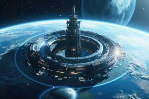 3D rendering of a futuristic city on planet Earth in space. A space station orbiting a planet with a digital wave, advanced technology and holographic displays, AI Generated photo