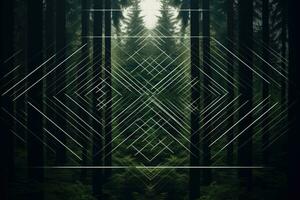 Digital composite of Triangles and dark forest with trees in the background, A striking abstract geometric pattern composed of intersecting lines, AI Generated photo