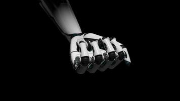 White robotic hand in the shape of a human opens its fingers and the letters AI appear against a black background. 3D Animation video
