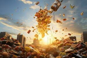 Pile of garbage and plastic bottles flying in the air with sunset background, grotesque scene of food getting tossed around in an urban environment, AI Generated photo