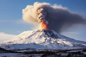 volcánico erupción en Kamchatka península en el invierno. un pequeño volcánico erupción en monte fagradalsfjall, Sur oeste Islandia, ai generado foto