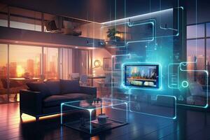 Glowing digital tablet in modern living room interior. 3D Rendering, A smart home interior connected with an internet connection, digital technology hologram, AI Generated photo