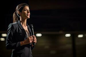 retrato de un hermosa mujer de negocios participación micrófono y sonriente a el cámara, confidente mujer de negocios entregando un corporativo presentación a un seminario o conferencia, ai generado foto