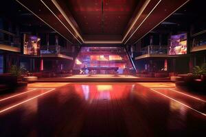 3D rendering of the interior of a night club with neon lights, empty nightclub, with dim lighting casting a soft  warm glow, AI Generated photo