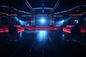 3d rendering of a dark room with neon lights and spotlights, empty nightclub, with dim lighting casting a soft  warm glow, AI Generated photo