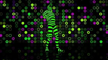 Man in a black costume with green neon light dancing on the stage of a nightclub with a background of green, yellow and magenta light circles that light up randomly. Loop sequence. 3D Animation video