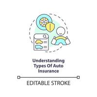 Understanding types of auto insurance concept icon. Know coverage options. Car safety abstract idea thin line illustration. Isolated outline drawing. Editable stroke vector