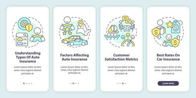 Choosing car insurance company onboarding mobile app screen. Walkthrough 4 steps editable graphic instructions with linear concepts. UI, UX, GUI template vector