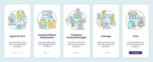 Tips for choosing insurance company onboarding mobile app screen. Walkthrough 5 steps editable graphic instructions with linear concepts. UI, UX, GUI template vector