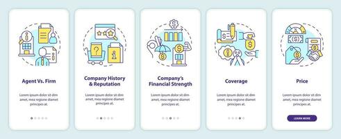 consejos para elegir seguro empresa inducción móvil aplicación pantalla. recorrido 5 5 pasos editable gráfico instrucciones con lineal conceptos. ui, ux, gui modelo vector
