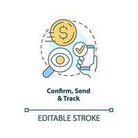 Transfer confirm, send and track concept icon. Online banking. Payment activity abstract idea thin line illustration. Isolated outline drawing. Editable stroke vector