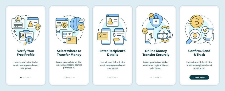 Transferring money actions onboarding mobile app screen. Web wallet walkthrough 5 steps editable graphic instructions with linear concepts. UI, UX, GUI template vector