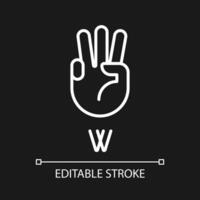 Letter W in American sign language pixel perfect white linear icon for dark theme. Nonverbal communication. Thin line illustration. Isolated symbol for night mode. Editable stroke vector