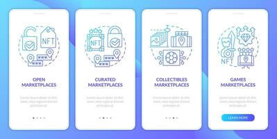 NFT marketplace categories blue gradient onboarding mobile app screen. Business walkthrough 4 steps graphic instructions with linear concepts. UI, UX, GUI template vector