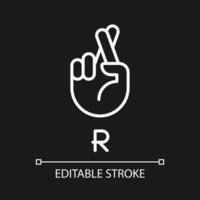 Letter R in American sign language pixel perfect white linear icon for dark theme. Connecting gestures. Thin line illustration. Isolated symbol for night mode. Editable stroke vector