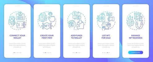 NFTs minting process blue gradient onboarding mobile app screen. Technology walkthrough 5 steps graphic instructions with linear concepts. UI, UX, GUI template vector