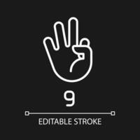 Signing digit nine in ASL pixel perfect white linear icon for dark theme. Non verbal language system. Thin line illustration. Isolated symbol for night mode. Editable stroke vector