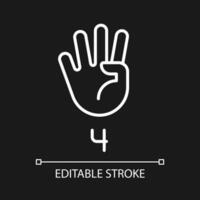 Digit four sign in ASL pixel perfect white linear icon for dark theme. Nonverbal communication performing. Thin line illustration. Isolated symbol for night mode. Editable stroke vector