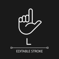 Letter L in American sign language pixel perfect white linear icon for dark theme. Communication system. Thin line illustration. Isolated symbol for night mode. Editable stroke vector