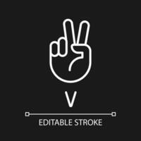 Letter V in ASL system pixel perfect white linear icon for dark theme. Sound visualization by gestures. Thin line illustration. Isolated symbol for night mode. Editable stroke vector