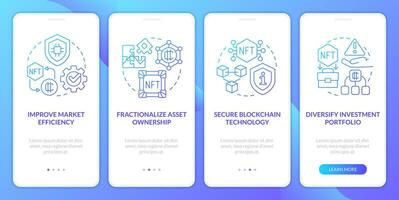 NFT benefits blue gradient onboarding mobile app screen. Digital artworks walkthrough 4 steps graphic instructions with linear concepts. UI, UX, GUI template vector