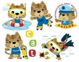 Group of funny kitten in different activities vector