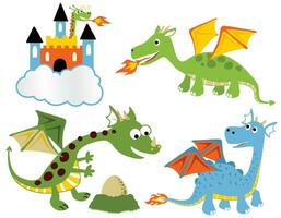 Group of funny dragon cartoon with castle vector