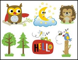 Group of funny woodland animals cartoon with funny crescent moon vector