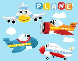 conjunto vectorial de divertidos dibujos animados de aviones con nubes vector