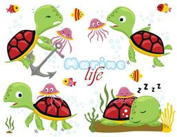grupo de gracioso Tortuga dibujos animados con pequeño marina animales vector