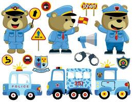 Set of police element cartoon with funny bear in traffic cop uniform vector