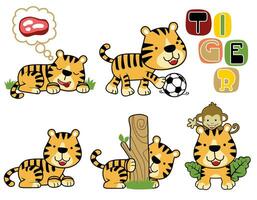 Group of funny tiger cartoon with monkey in different activities vector