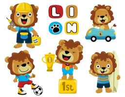 Group of funny lion cartoon in different activities vector