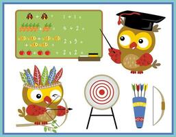 Two funny owl cartoon in profession teacher and archer vector