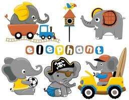 Group of funny elephant cartoon in different activities vector