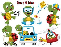 Group of funny turtle in different activities vector